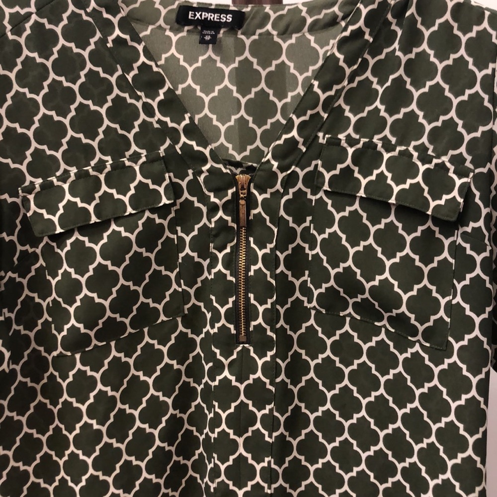 Express Green With White Pattern Long Sleeve Blou… - image 3